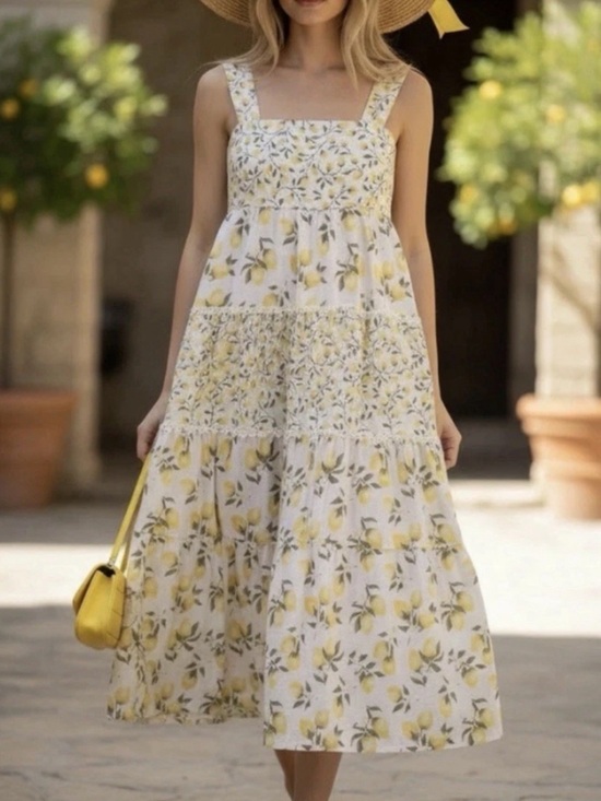 Haute Hippie Dresses & Skirts - Haute Hippie White and Yellow Lemon-Print Midi Tiered Dress Size 10